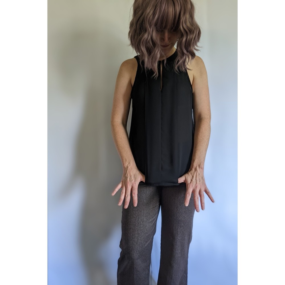 Maeve black sleeveless blouse, sz 4. Slouchy, tiered, high low, hook & eye front